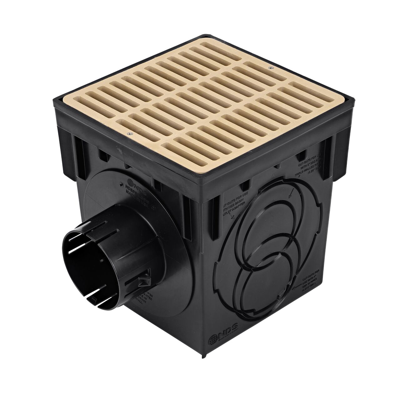 The NDS 9 in. Catch Basin Drain Kit includes a sand plastic drain cover grate and a black pastic 9 in. square Catch Basin Drain (NDS 900SKIT) which drains water as it blocks pipe-clogging debris