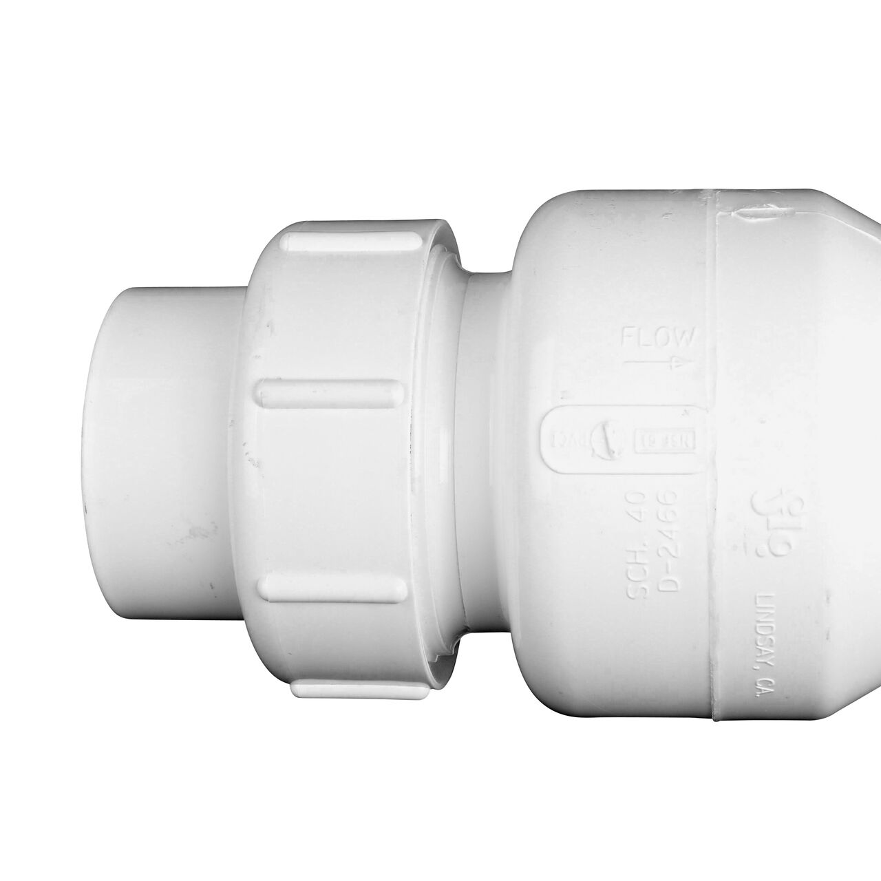 Closeup of the arrow showing water flow direction on the NDS White 2 in. union end by union end PVC True Union Swing Check Valve (NDS 1720-20)