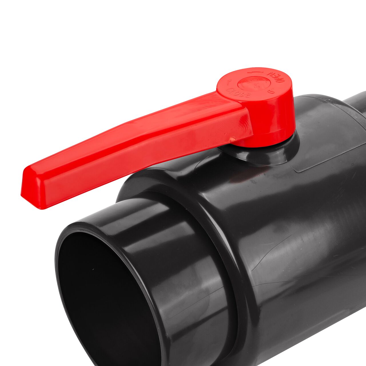 Closeup of the NDS IPS Ball Valve showing the handle that rotates two ways to control water flow (NDS E1610-60)