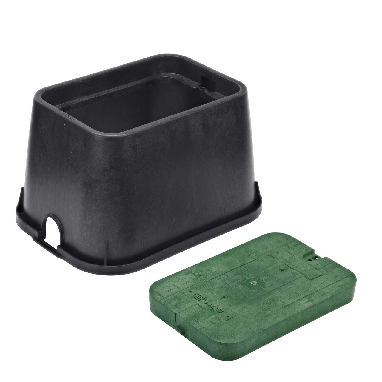 Unassembled View of the NDS 14 in. X 19 in. Rectangular Standard Series Black Box with universal locking mechanism and drop-in Green Irrigation Control Valve cover (NDS 113BCD)