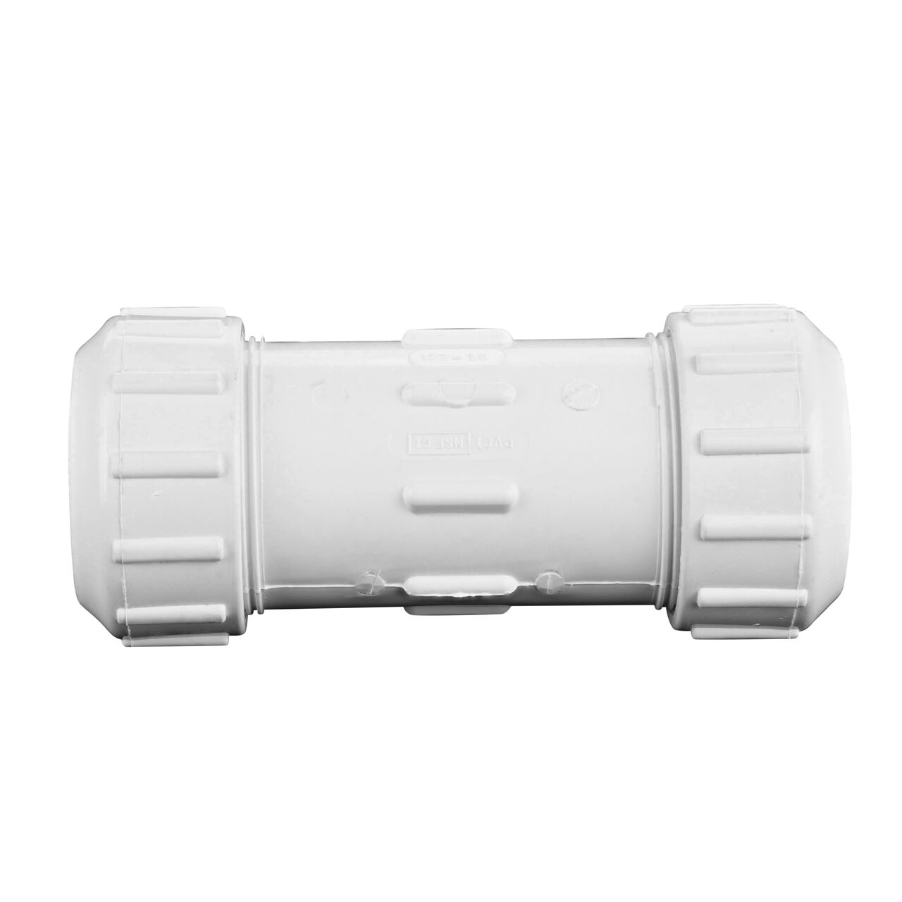 Side view of the NDS 1 1/2 in. Flo Lock PVC Gripper Coupling (NDS 112-15) which transports water through pipes