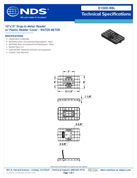 NDS 10 in. X 15 in. Rectangular D1000 Meter Box Drop-in Cover, Black Water Meter with Plastic Reader Tech Spec