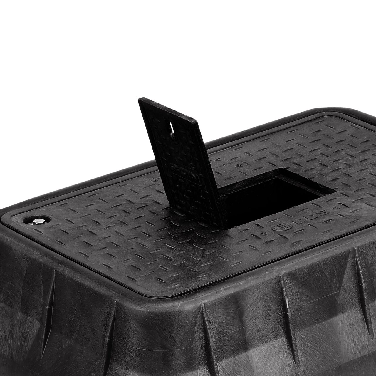 Closeup view of the hinged side of the Cast Iron reader door on the NDS 13 in. X 24 in. Rectangular Standard Series Meter Box & Water Meter Cover with Bolt (NDS 121BCDMCIFB)