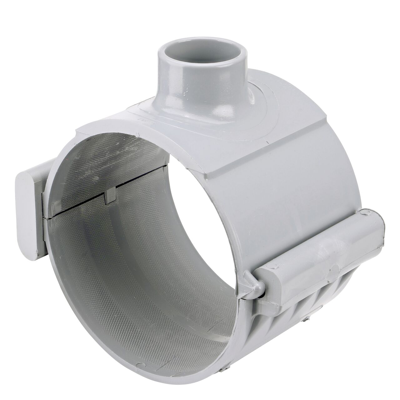 The NDS Clamp-It™ Rigid PVC Saddle with 1-1/2 in. slip connection on top (NDS  456015) for 6 in. PVC pipe has a patented wedge design on one side and hinge on the other to install a sprinkler irrigation system to existing pipe without any bolts