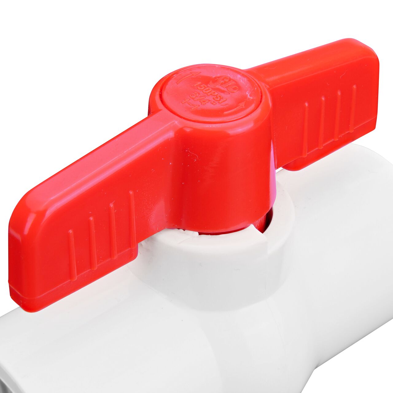 Closeup of the NDS IPS Ball Valve showing the handle that rotates two ways to control water flow (NDS E1320-07)
