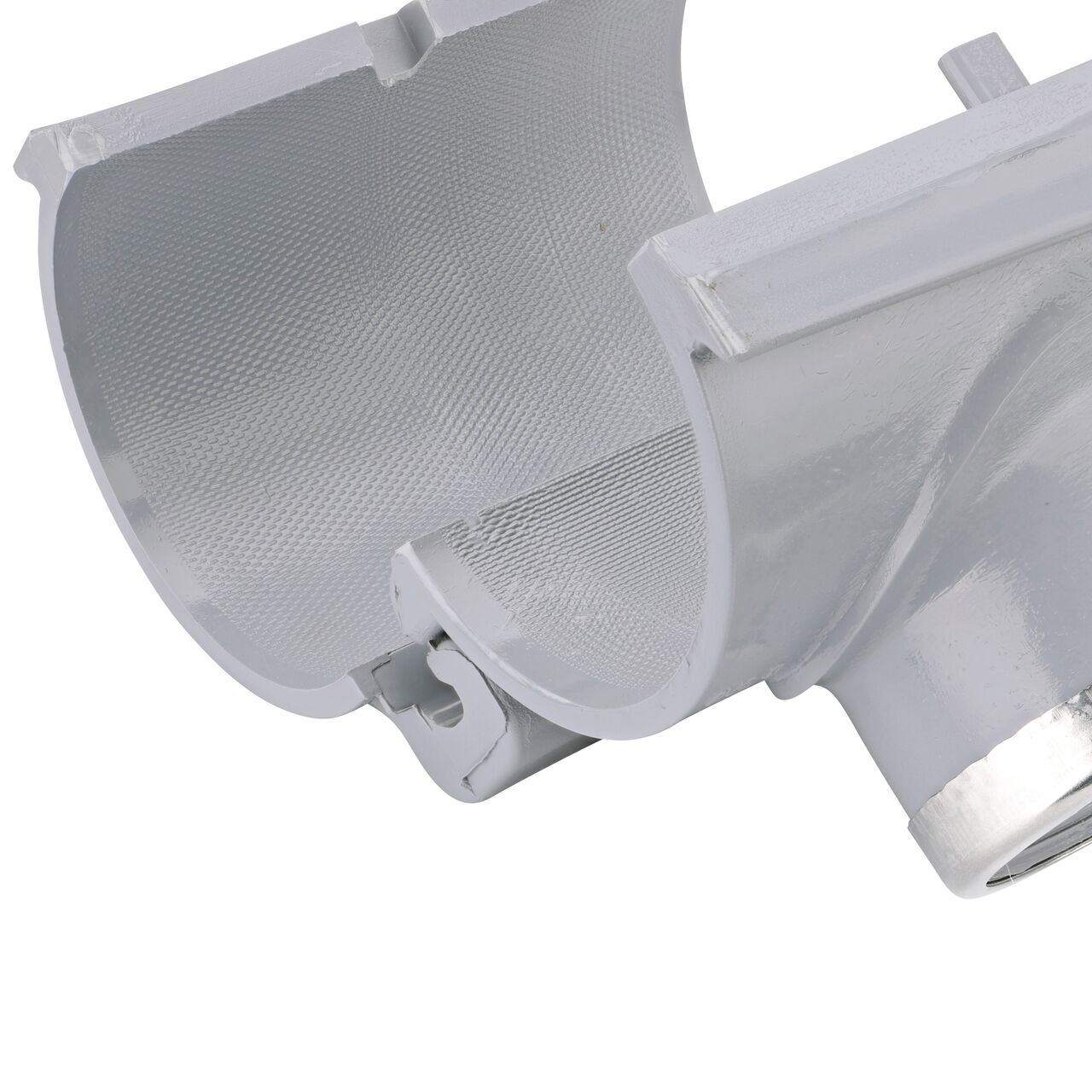 Closeup of the hinge open on the NDS Clamp-It™ Rigid PVC Saddle with 2 in. FPT connection on top (NDS 443020) for 3 in. PVC pipe
