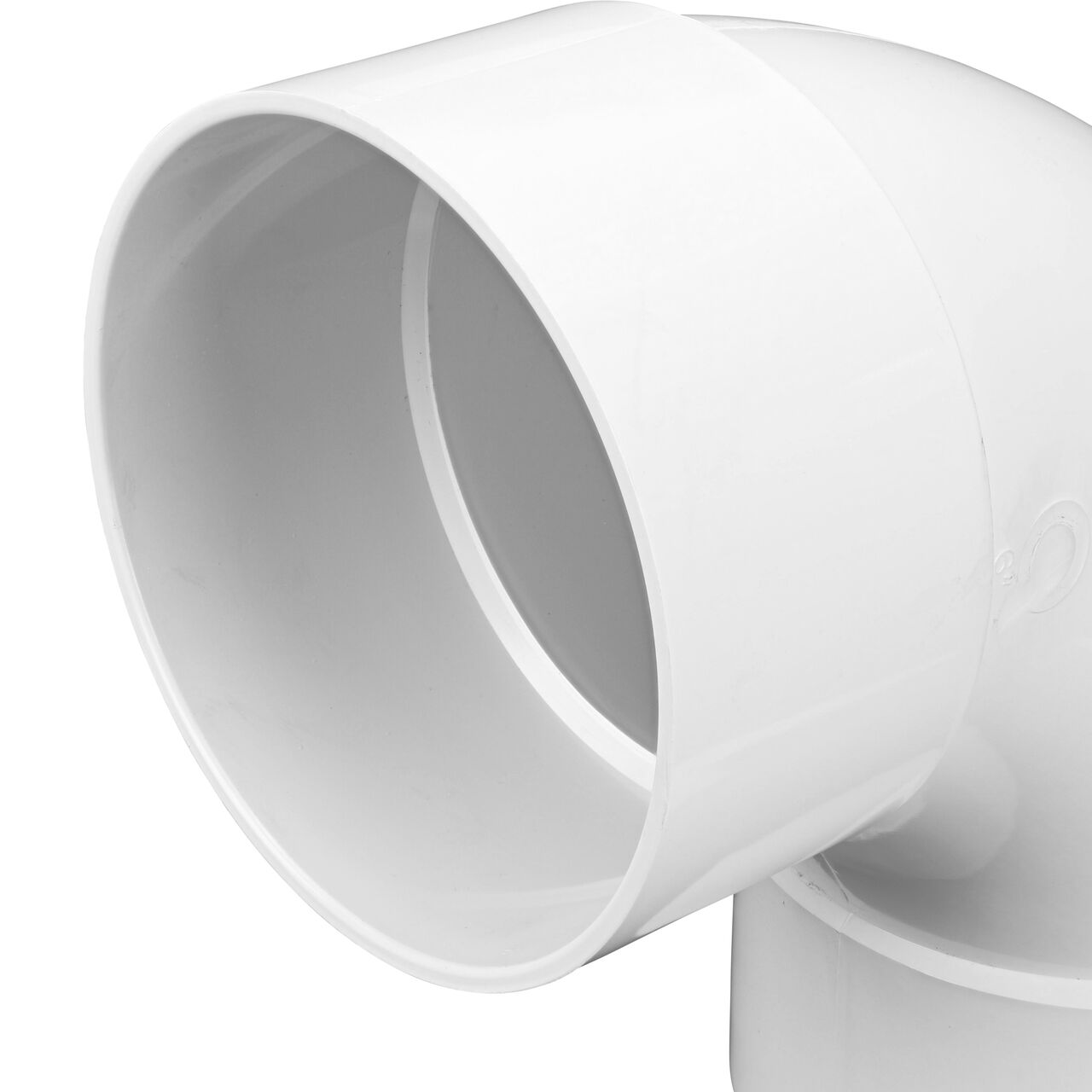 Closeup of the interior lip of the PVC 90° long-turn elbow, which connects 6 in. Sewer and Drain pipes, Hub X Hub connection (NDS 61P0)