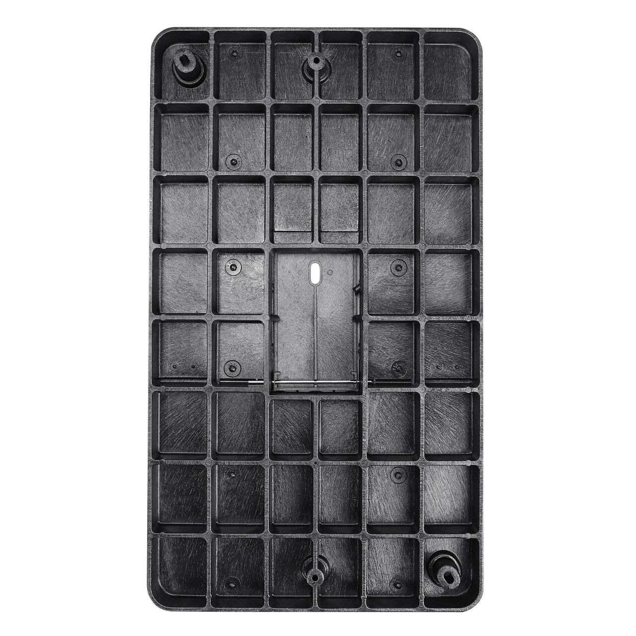 Top down view of the underside side of the Black Water Meter cover (NDS 124BCDMB) for the NDS 17 in. X 30 in. Rectangular Standard Series Meter box with Bolt, showing reinforcing ribs that are load rated to withstand pedestrian traffic and and the hinged reader door for easy access