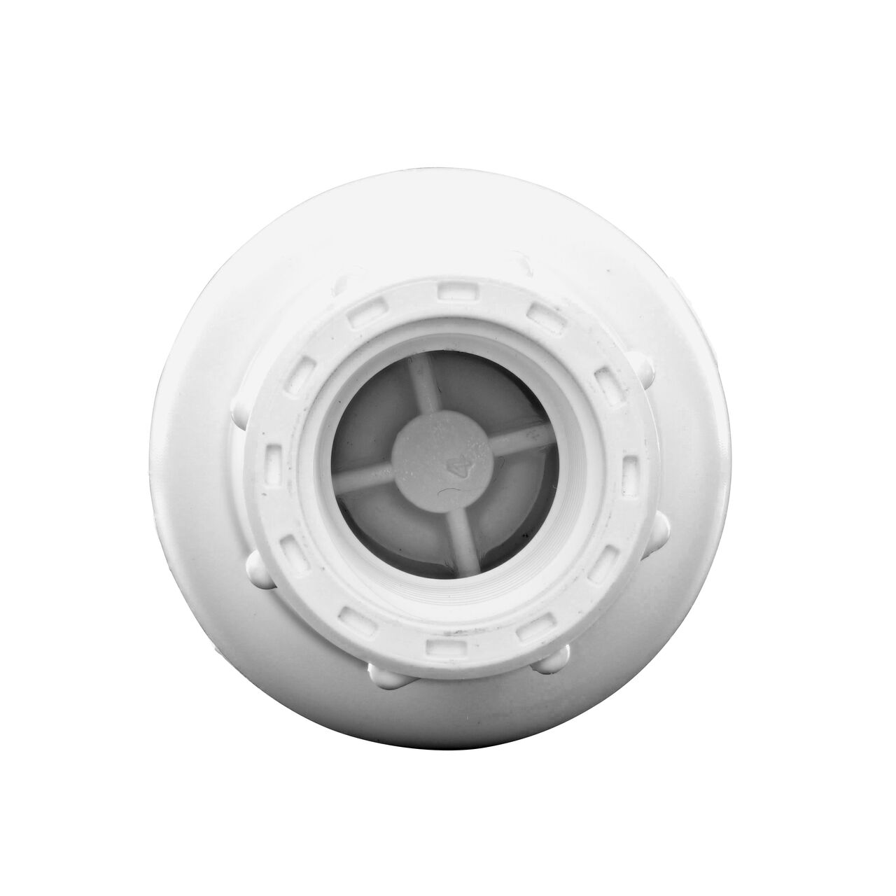 Front facing view of the NDS 1/2 in. White PVC Spring Check Valve (NDS 1001-05, 1002-05) showing the stopper inside which will stop the flow of water