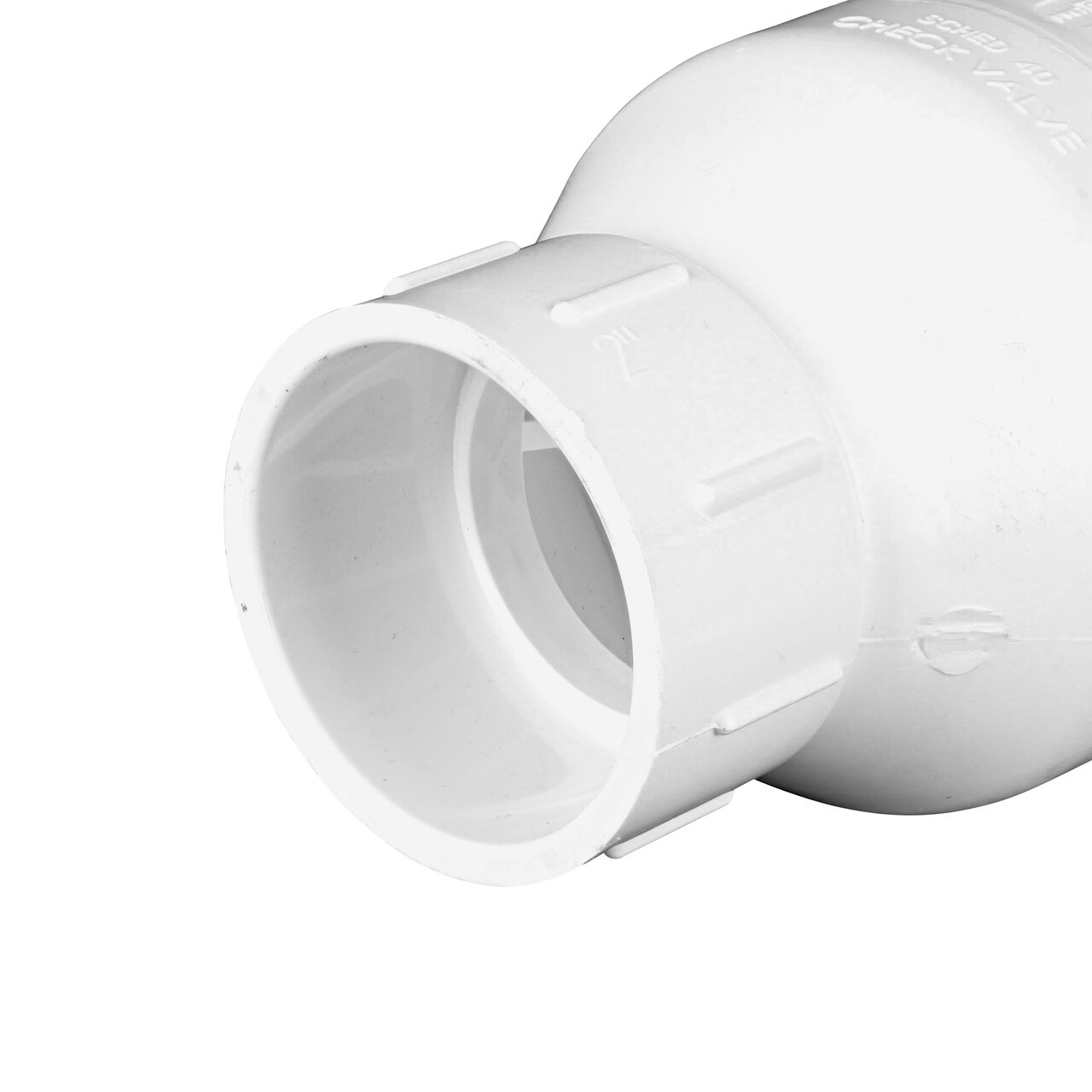 Closeup of the slip end of the NDS White 2 in. slip end by slip end PVC Spring Check Valve (NDS 1011-20, NDS 1012-20)