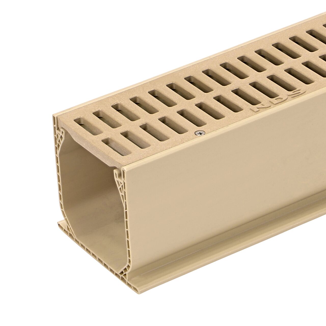 Closeup of the screw fastened to the NDS Polished Bras 3-1/16 in. wide X 6 ft. long Mini Channel™ Drain (NDS 500S) with standard grate (NDS 544)
