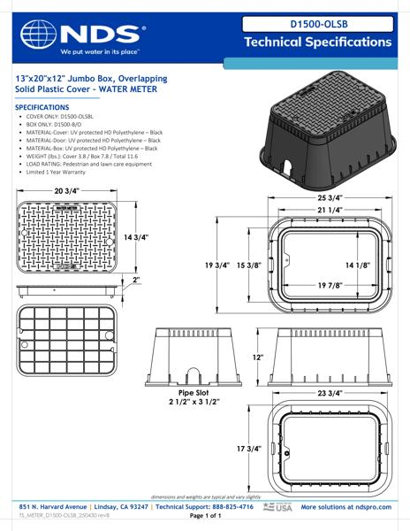 NDS 13 in. X 20 in. Rectangular D1500 Meter Box and Cover, 12 in. Height, Black Box, Black Water Meter Cover Tech Spec