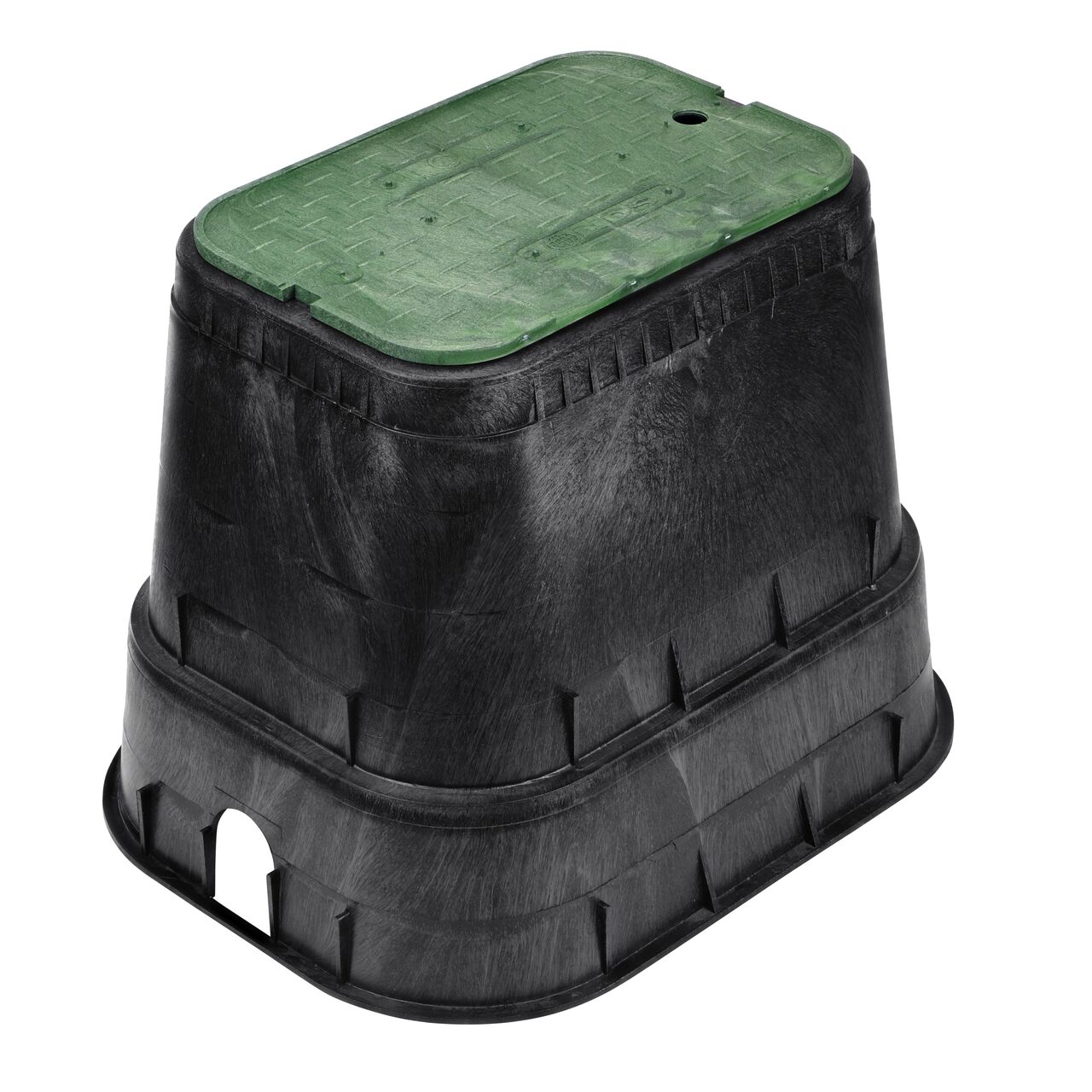 The NDS 14 in. X 19 in. Rectangular Standard Series Meter Box and Cover is a 18 in. high Black Box and Green Cover with Irrigation Control Valve markings on the Overlapping lid (NDS D1800-OLSG) and protects underground irrigation and sprinkler system components and keeps them out of sight