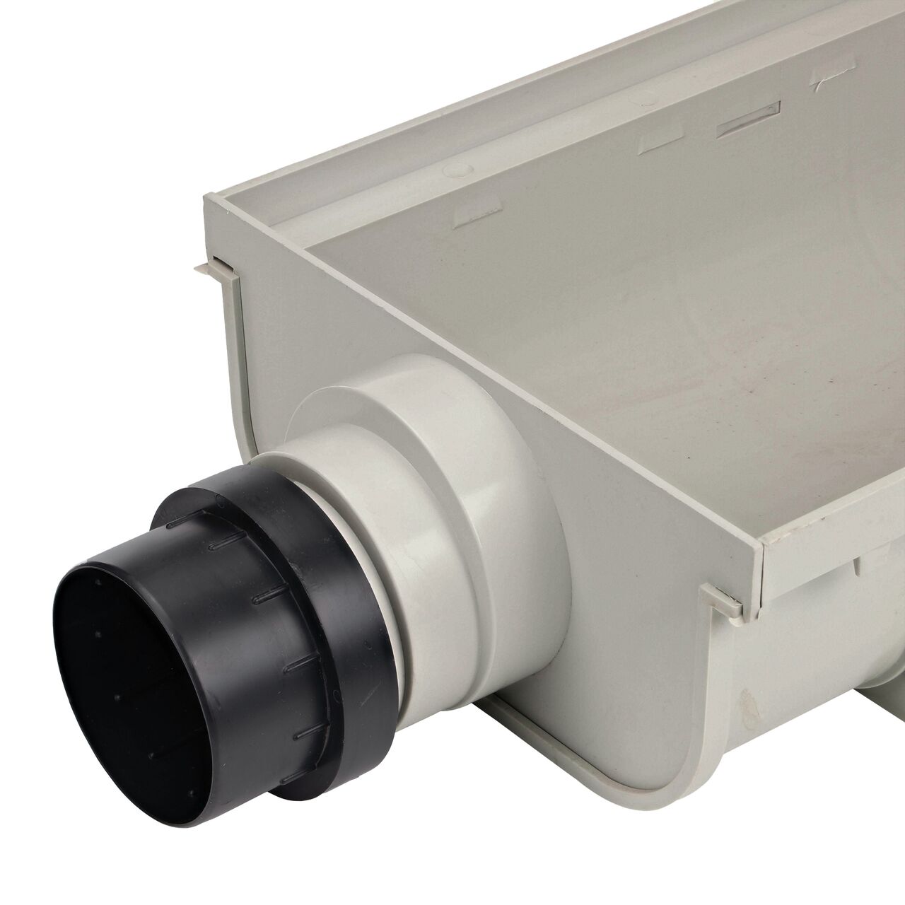 12 in. Pro Series Channel™ Drain End Cap/End Outlet (NDS 841) installed on the Shallow Profile Channel Drain (NDS 840)