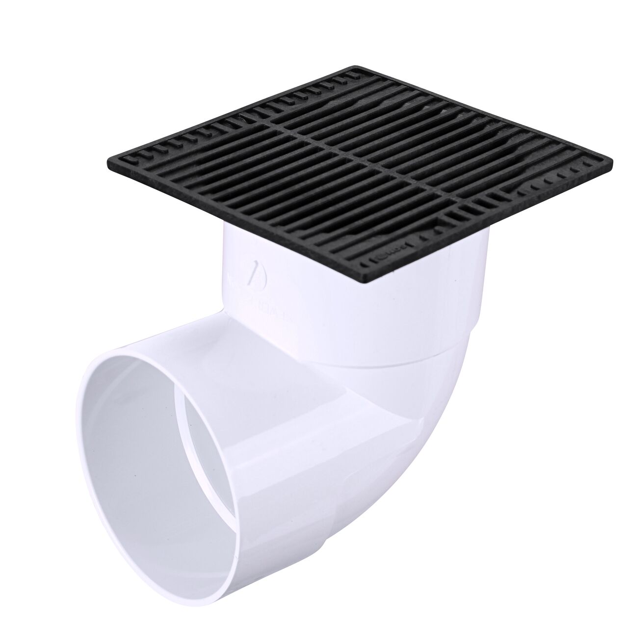NDS 9 in. Square Grate installed on 6 in. Sewer and Drain Fitting, or Elbow (NDS 970*, NDS 970)