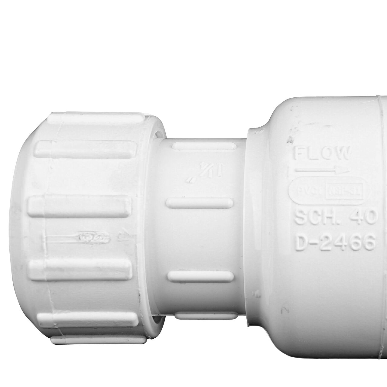 Closeup of the arrow showing water flow on the NDS White 1-1/4 in. PVC Compression Swing Check Valve (NDS 1500-12)