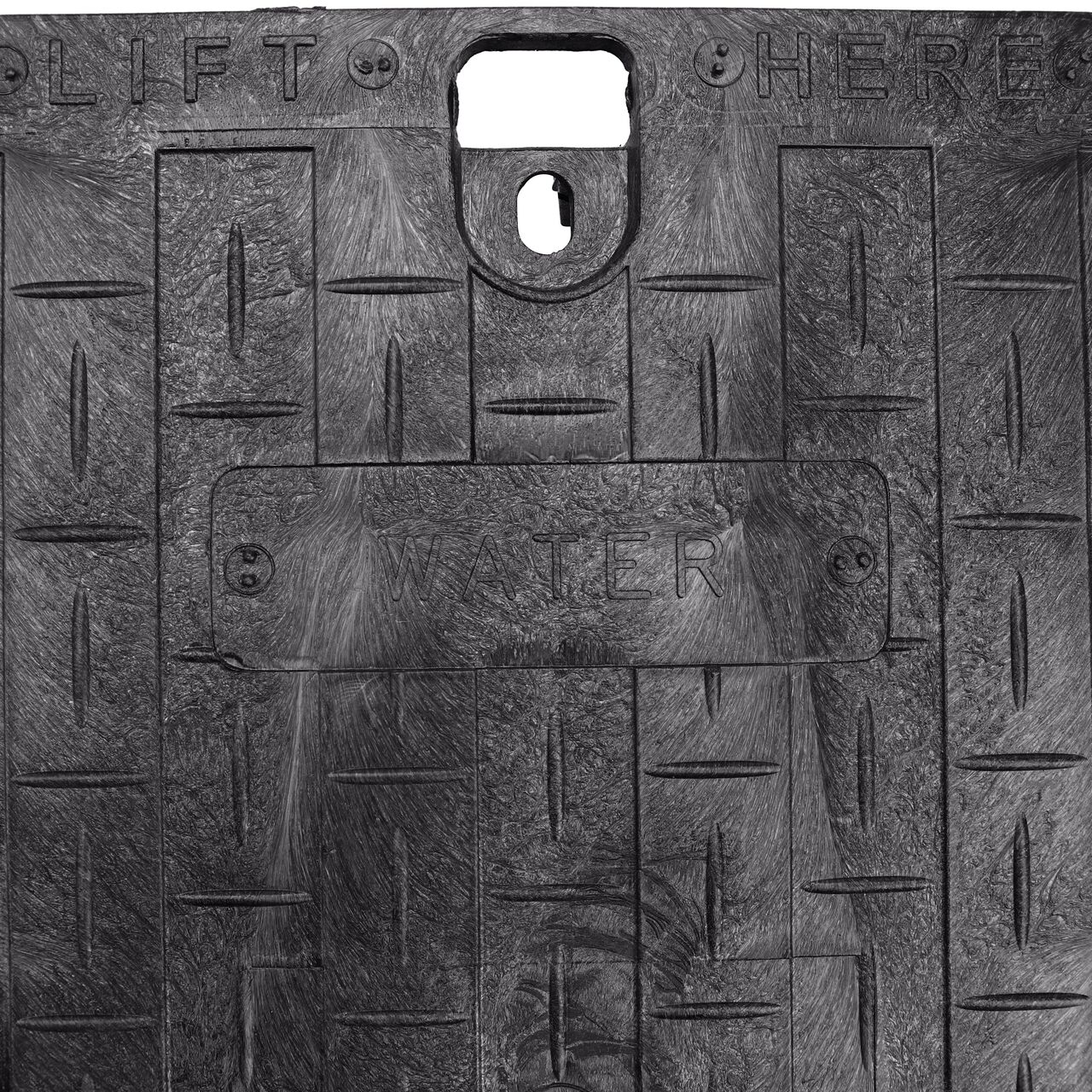Closeup view of the Water markings on the Black Water cover for the NDS 13 in. X 20 in. Rectangular Pro-Spec® Series Valve Box (NDS 317BCBW)