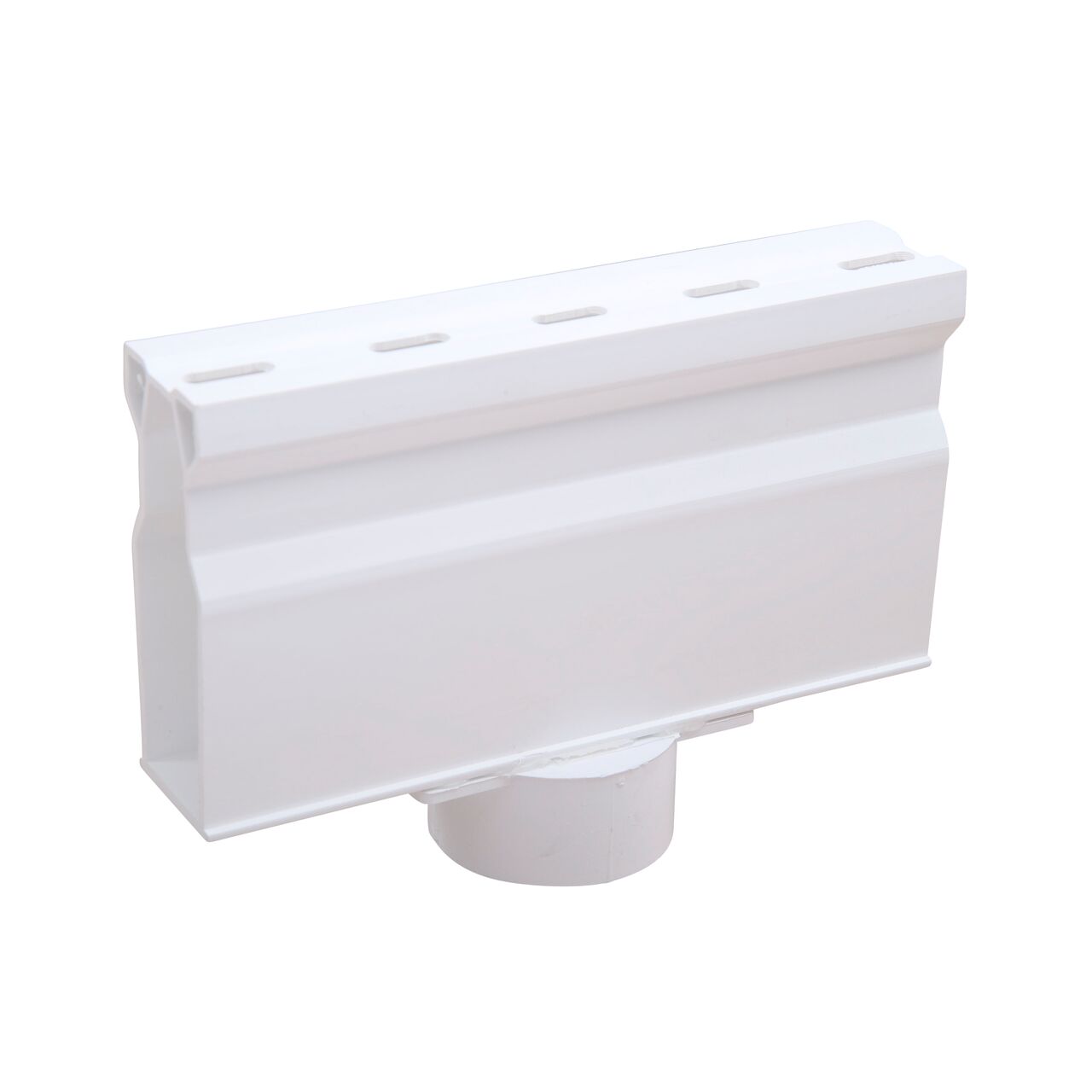 Bottom view of the White Micro Channel™ Drain with Bottom Outlet which fits 1-1/4 in. & 1-1/2 in. Drain Pipes (NDS 8501G*) for draining small flows of stormwater