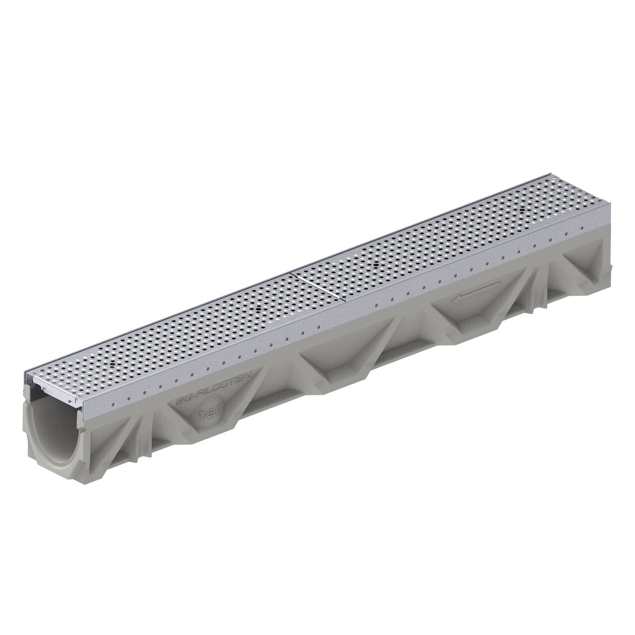Two class C perforated design galvanized steel BG-FILCOTEN® 100 Trench Drain Grate (NDS 17010229) installed on the BG-FILCOTEN® 100 Trench Channel Drain with female end showing