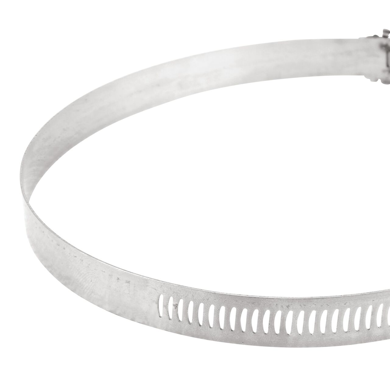 Closeup view of the arcial perforated slots in band for added strength and smoother engagement on the NDS SAE 88 Worm Drive Hose Clamp with Aero Seal 1/2 in. band width (NDS 64088H)