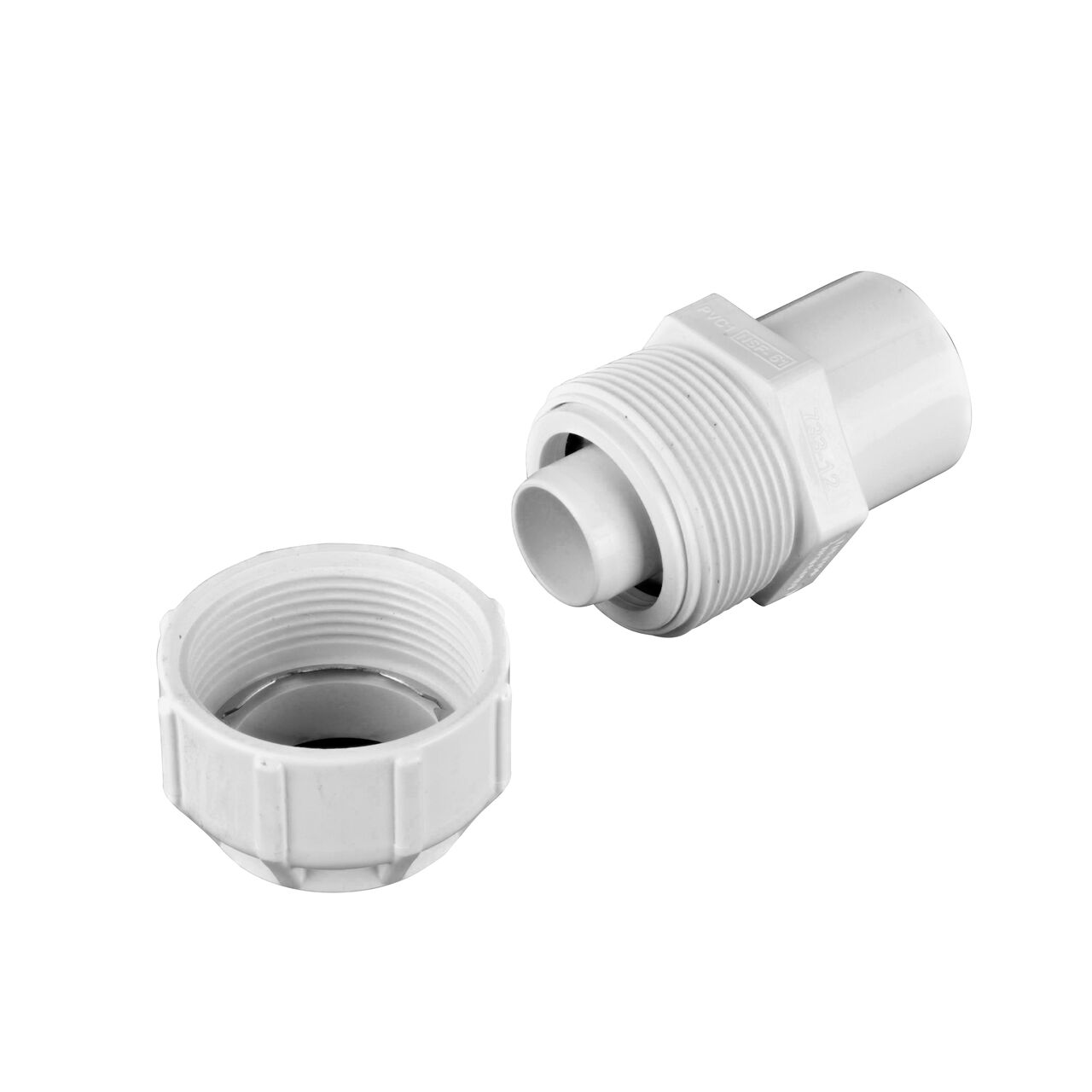 Unassembled NDS 1-1/4 in. IPS Spigot X 1-1/4 in. SDR-9 CTS Flo-Lock™ Gripper Adapter showing where the two ends come apart to secure the adapter to the pipe (NDS 733-12)