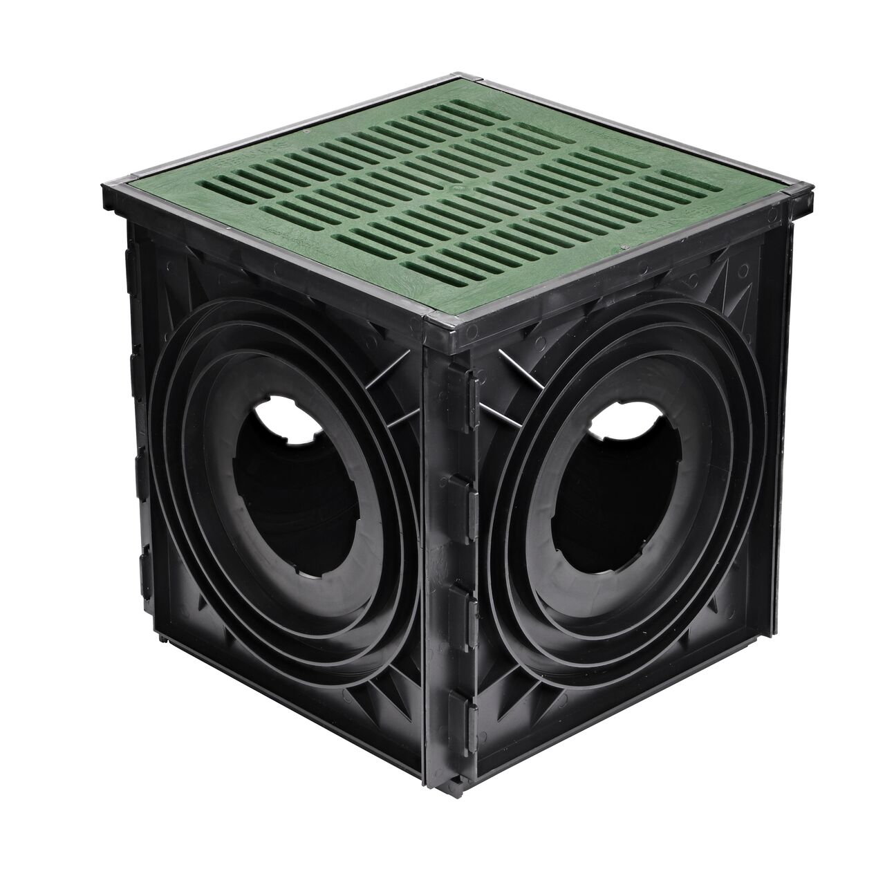 NDS 18 in. Expandable Catch Basin Drain with 4 Openings (NDS 1804) with Green 18 in. Catch Basin Drain Grate installed (NDS 1812)