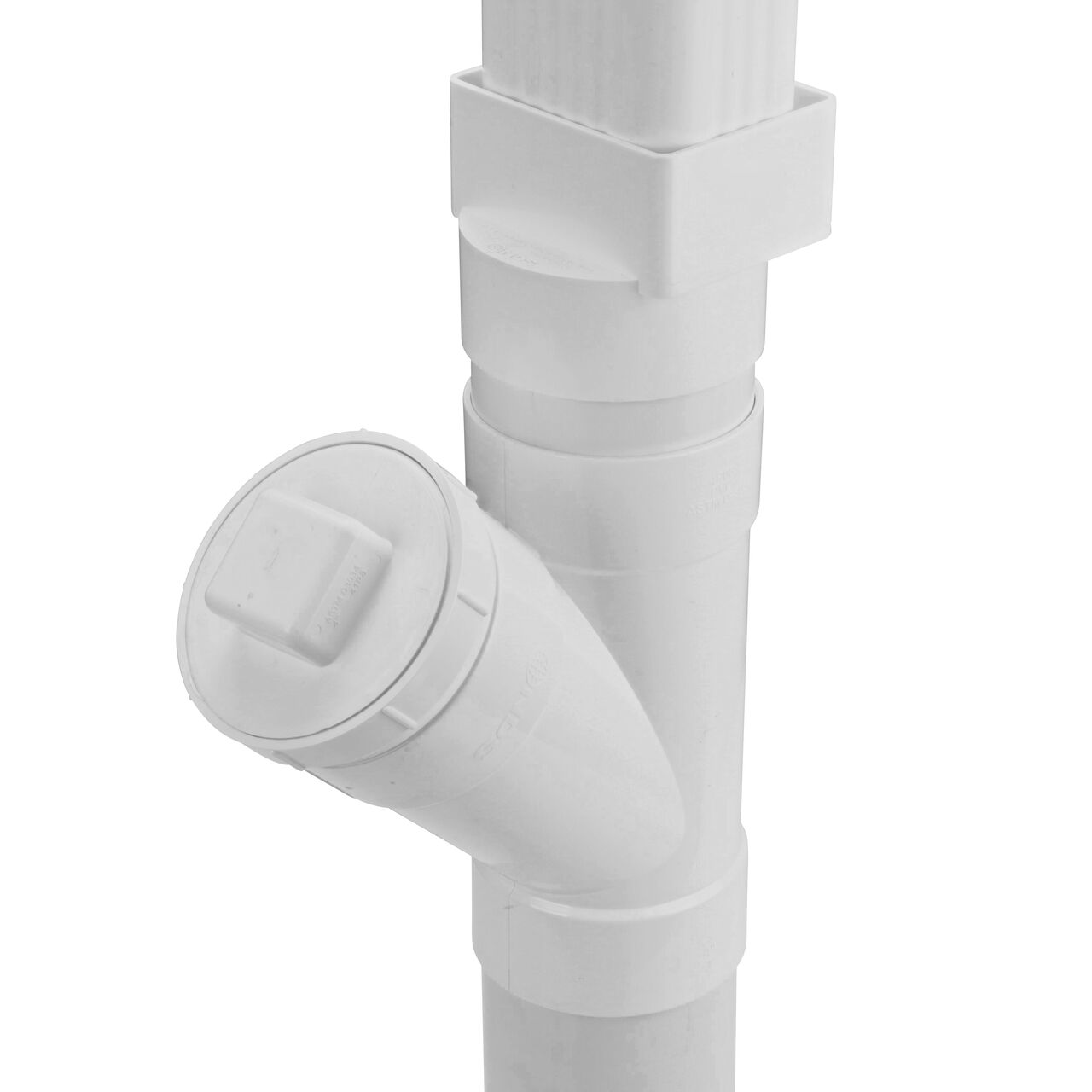Assembled downspout assembly with the NDS offset 3X4 in. Downspout to 4 in. S&D Hub (NDS 9P13) downspout adapter installed with a 3X4 downspout, 4 in. S&D pipe, NDS 4 in. 45 degree Wye (NDS 4P08) with a NDS 4 in. Female Fitting Cleanout Adapter (NDS 413P) and a NDS 4 in. MPT Cleanout Plug (NDS 41P8) installed on the third hub, and an additional 4 in. S&D pipe at the bottom hub