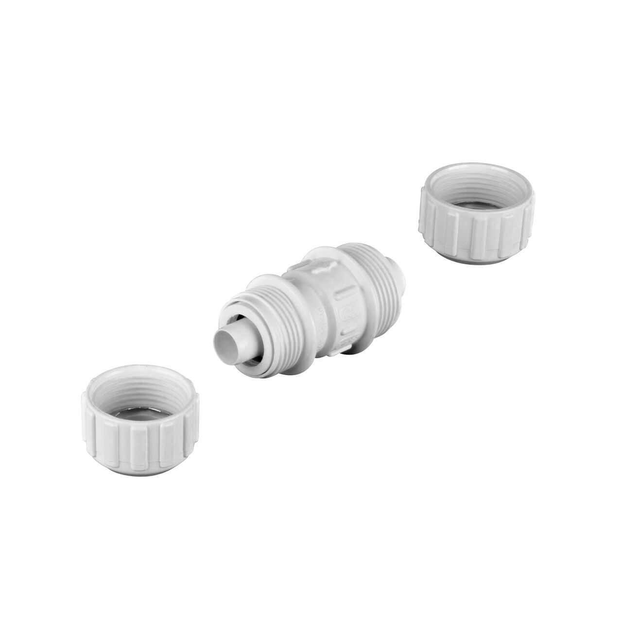 Unassembled NDS 1 in. SDR-9 CTS X 3/4 in. SDR-9 CTS Flo-Lock™ Gripper Reducer Coupling showing where the two ends come apart to secure the coupling to the pipe (NDS 710-17-9)