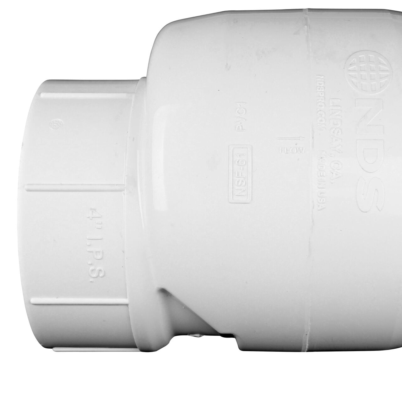 Closeup of the arrow showing water flow direction on the NDS White 4 in. slip end by slip end PVC Swing Check Valve (NDS 1520-40)
