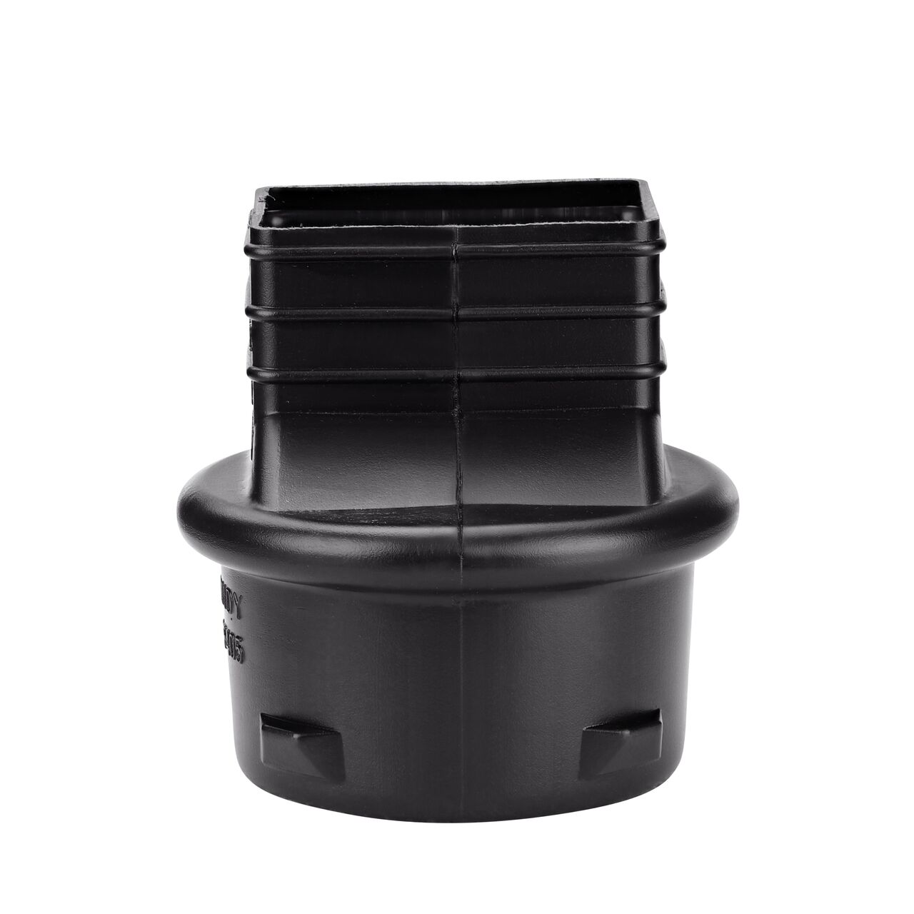 Side view of the HDPE Downspout Adapter which transitions 2X3 in. Downspout to 4 in. Hub (NDS 234CDS)