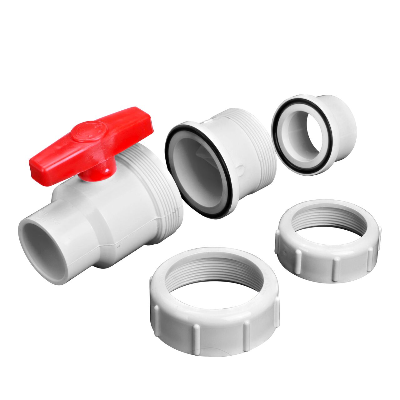 Unassembled from outlet end showing seals on the NDS White 1-1/2 in. IPS U X S Checkmate PVC Swing Check and Ball Valve Combination (NDS 2200-15)