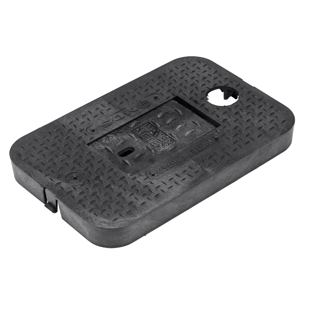 This NDS 14 in. X 19 in. Rectangular Standard Series Meter Box Cover is a Cast Iron Drop-In Cover with Water Meter markings on the lid (NDS D1200-DICIRTRL) and a cast iron door and fits NDS standard series 14 in. X 19 in. meter boxes