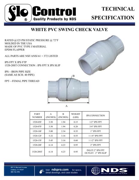 NDS Threaded Swing Check Valve White Tech Spec