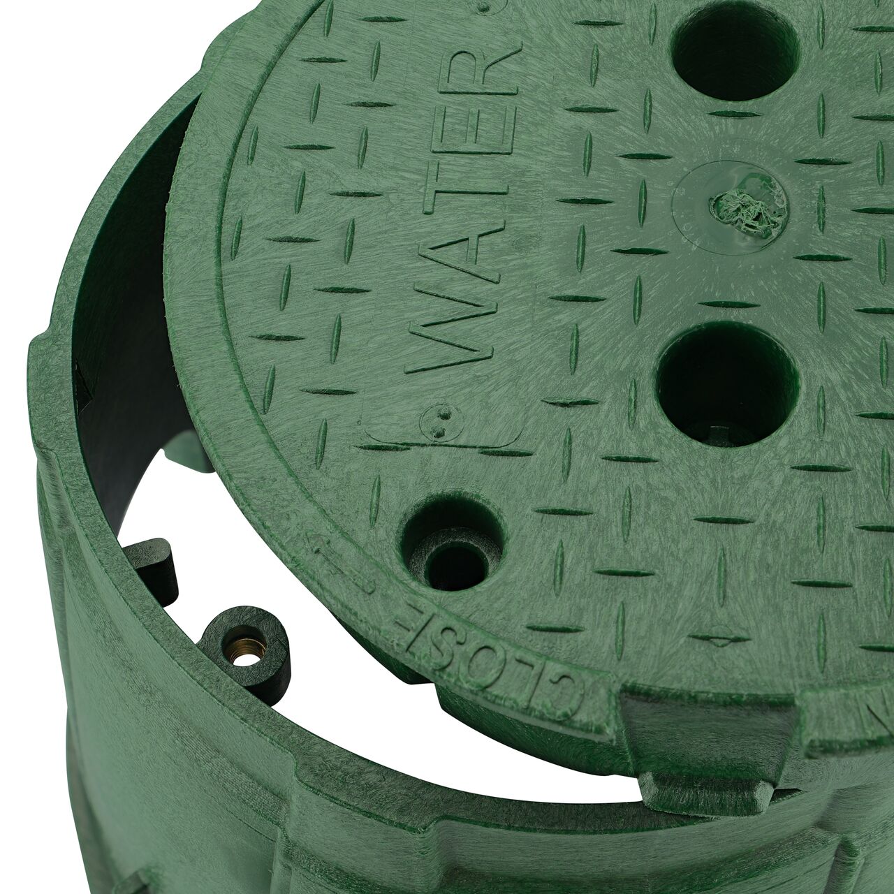 Align the bolt hole on the lid with the bolt hole from the NDS 10 in. Round Pro-Spec® Series Green Box and Green Water Cover (NDS 312BCW) for a secure fit