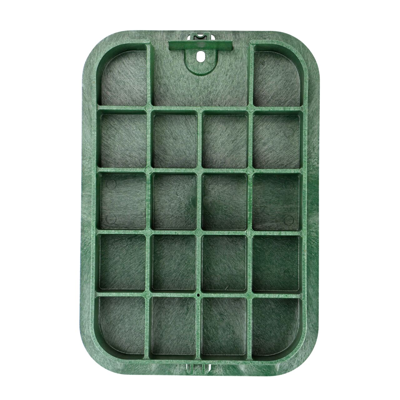 Top down view of the underside of the green water cover for the NDS 14 in. X 19 in. Rectangular Standard Series (NDS 114CW) valve box showing reinforcing ribs that help support pedestrian and lawn care equipment