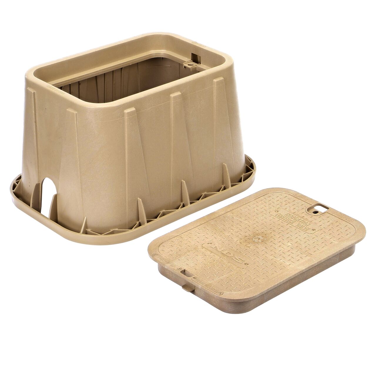 Unassembled View of the NDS 14 X 19 in. Sand Rectangular Pro-Spec® Series valve box and Sand Irrigation Control Valve overlapping cover (NDS 314BCSAND) with universal locking mechanism enabling a variety of bolts and screws to be used to secure the covers.