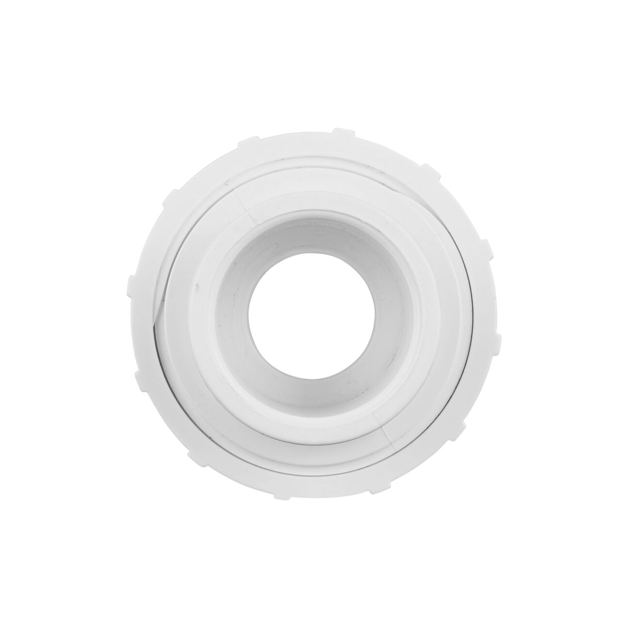 The inside of the PVC Union, 1 in. Sch. 40 S X S which allows water to flow through while preventing leaks and made of durable PVC plastic (NDS WU-1000-S)