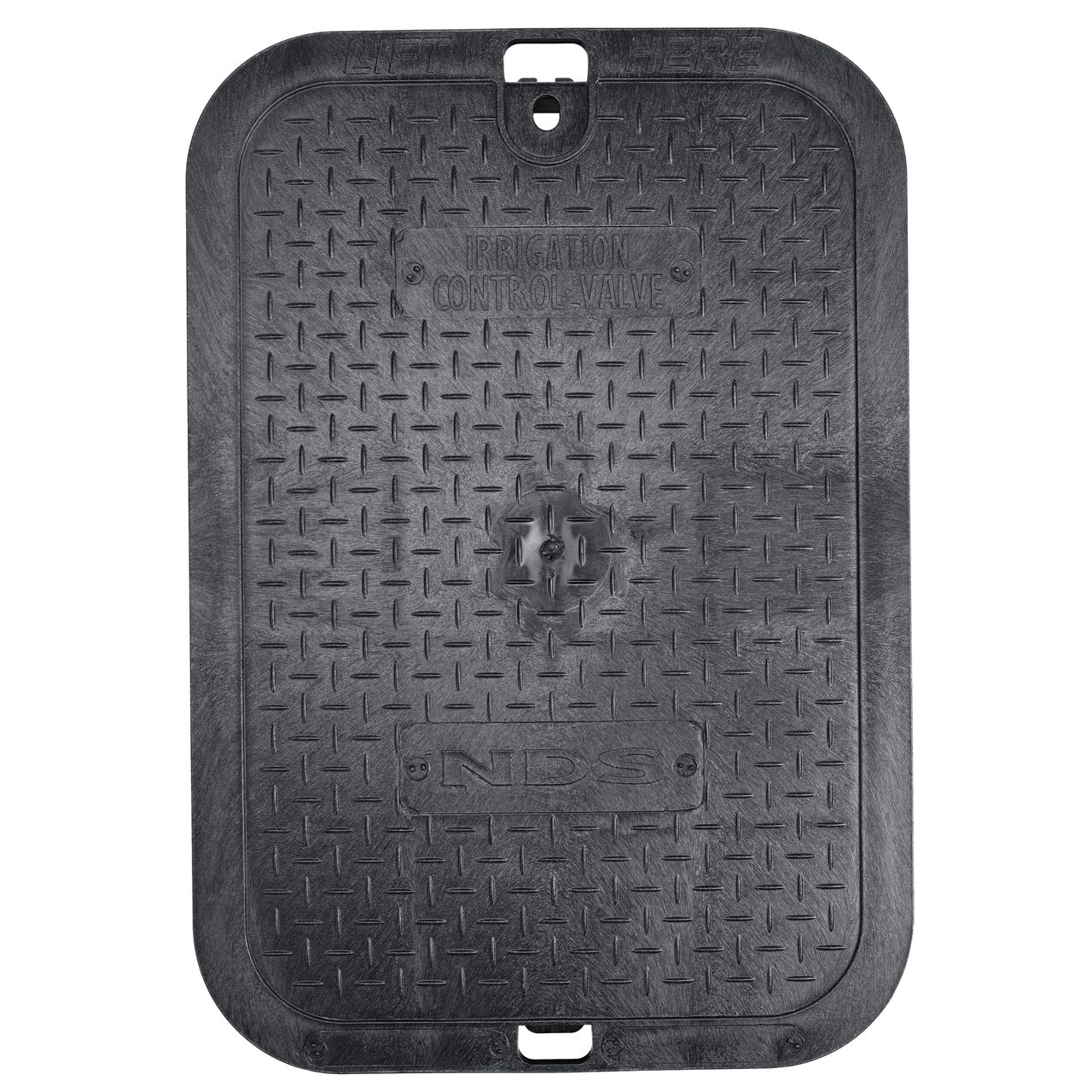 Top down view of the top side of the Black Irrigation Control Valve cover for the NDS 14 X 19 in. Rectangular Standard Series (NDS 113BCBLK) shows markings for easy identification
