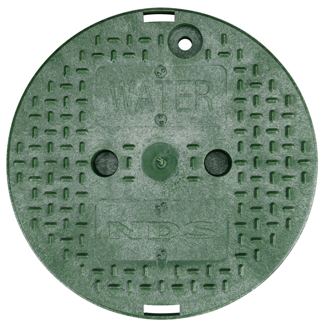 Top down view of the top side of the green water cover with finger indentations to lift and remove lid (NDS 111CW) for the NDS 10 in. Round Standard Series