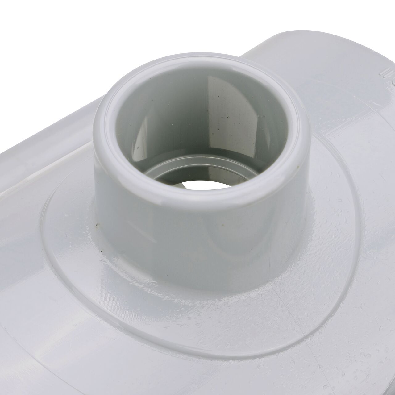 Closeup of the 1 in. slip connection on the NDS Clamp-It™ Rigid PVC Saddle (NDS 454010) for 4 in. PVC pipe