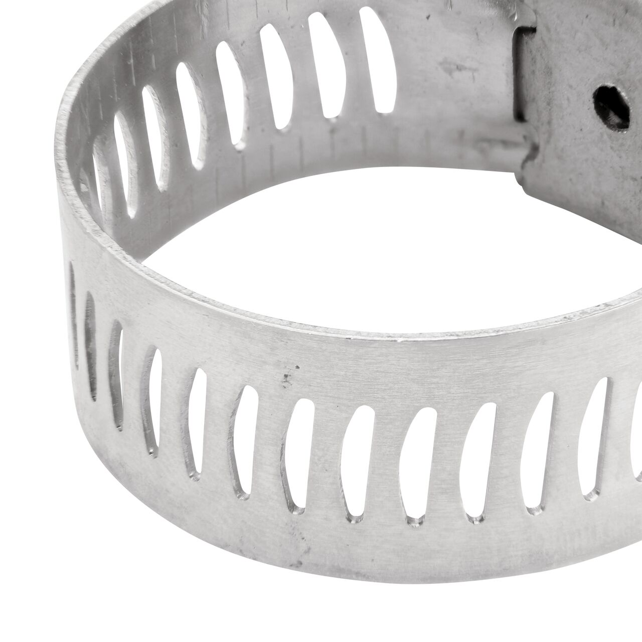 Closeup view of the arcial perforated slots in band for added strength and smoother engagement on the NDS SAE 12 Worm Drive Hose Clamp with Aero Seal 1/2 in. band width (NDS 64012H)