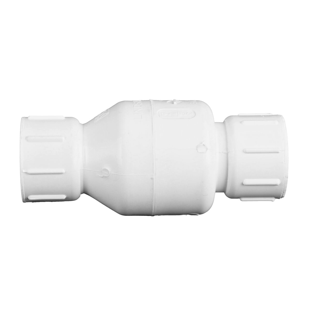 Side to side view of the NDS White 1 in. IPS FPT X FPT PVC Adjustable Spring Check Valve with 4-1/8-17 lb. Spring (NDS 1205-10)