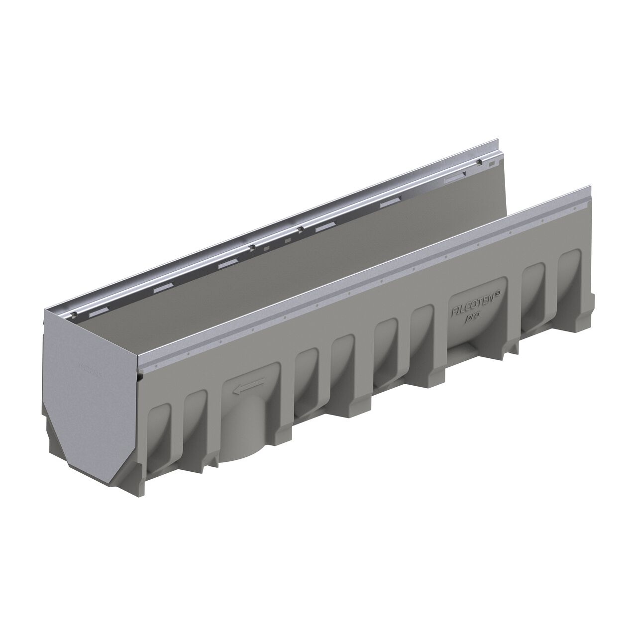 The galvanized steel BG-FILCOTEN® by NDS® 200 Trench Drain End Cap (NDS 19020215) installed on the male interlocking end of the 8 in. BG-FILCOTEN® pro V 200 Trench Drain with Galvanized Steel Rails