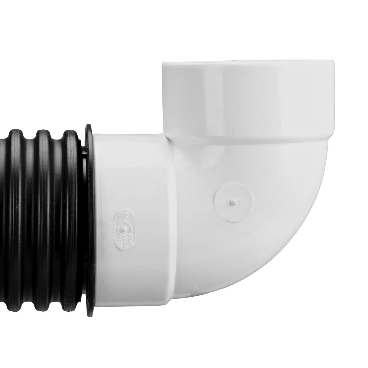 NDS Fitting Adapter (NDS 1241) connects the NDS 3 in. PVC S&D 90° Elbow, 3 in. Hub X Hub (NDS 3P02) to 3 in. S&D pipe