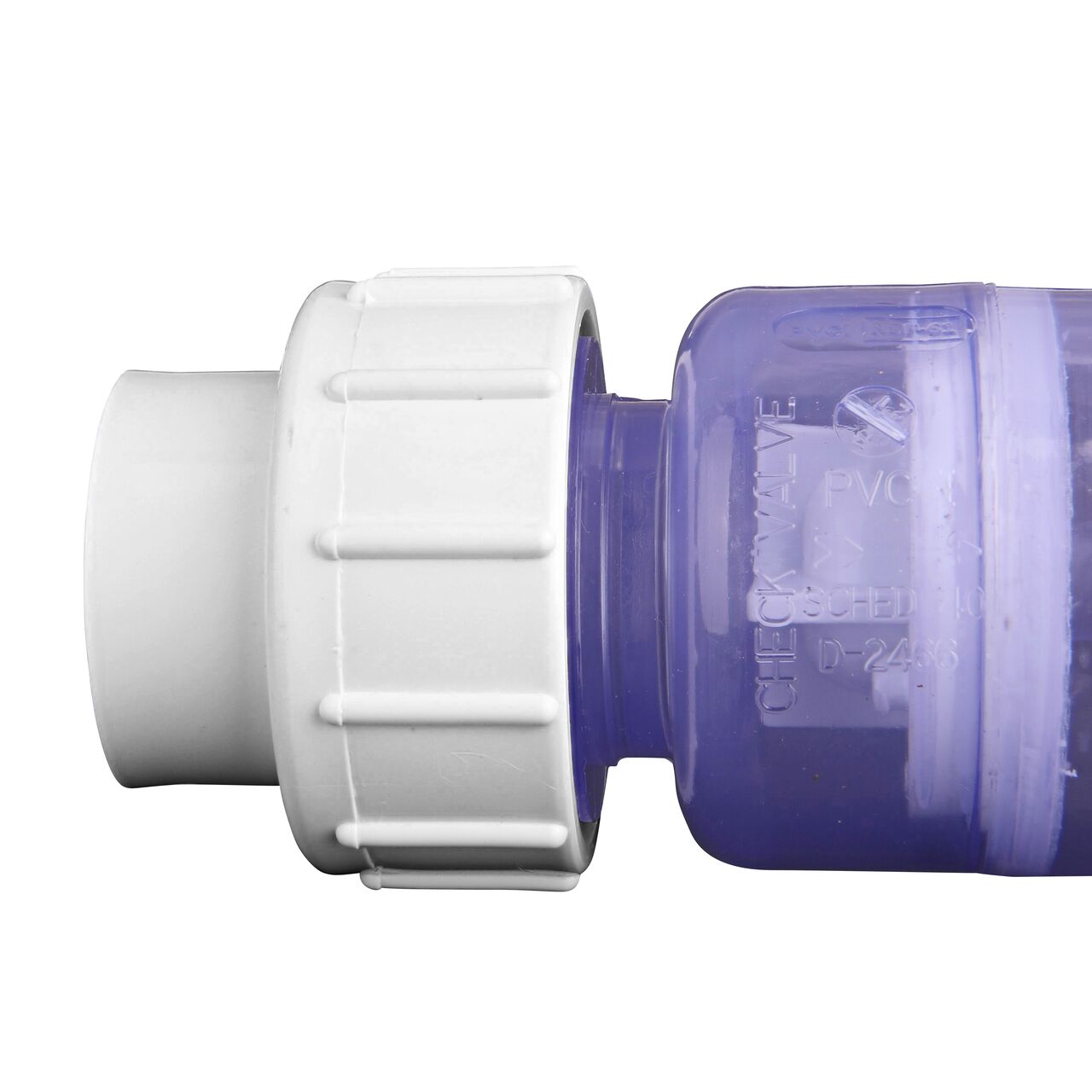 Closeup of the inlet end and the inside of the NDS Clear 1 in. slip end by slip end with 1/2 lb. spring PVC True Union Spring Check Valve (NDS 1700C10)