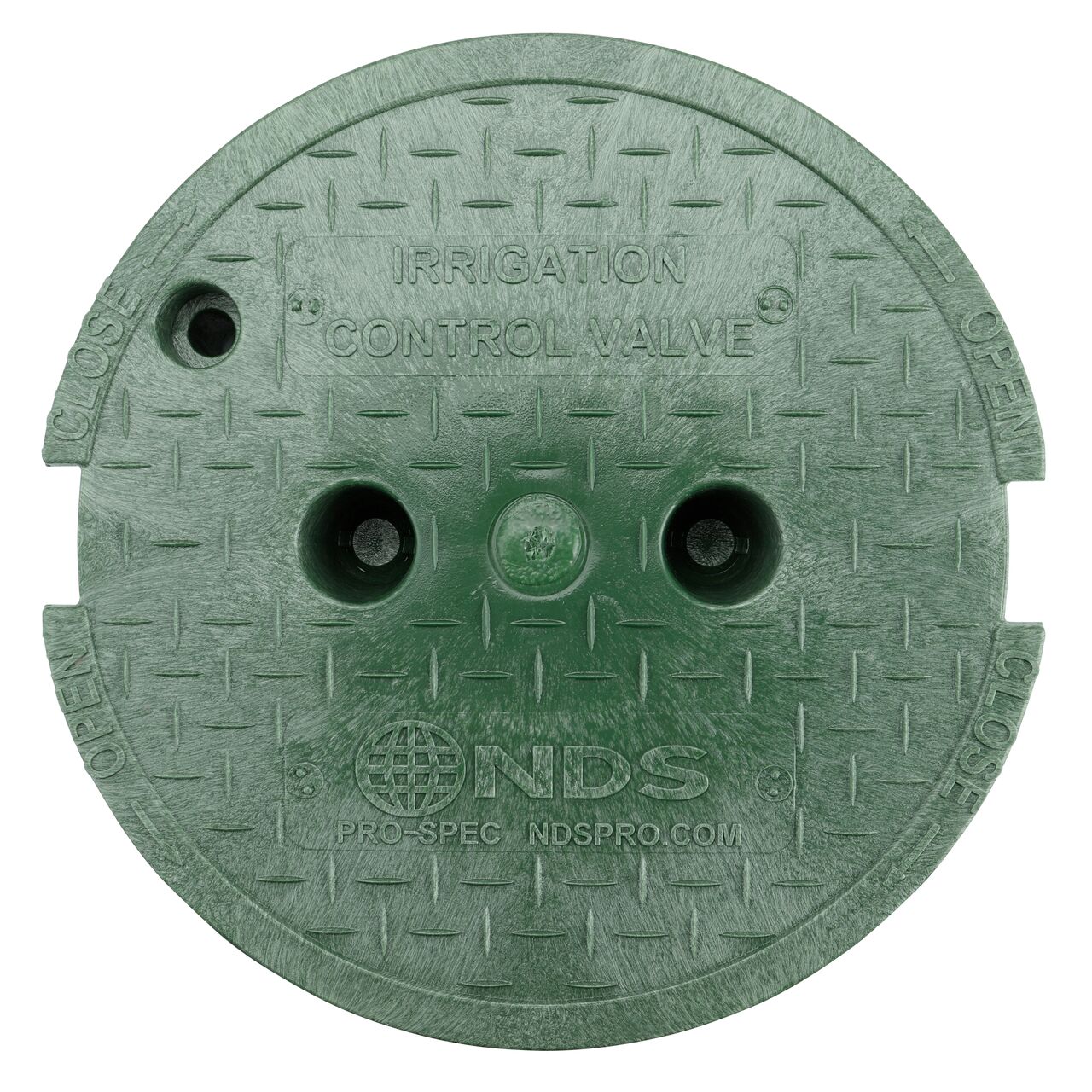 Top down view of the top side of the green irrigation control valve cover for the NDS 10 in. Round Pro-Spec® Series (NDS 311BCB) shows markings, two finger slots to twist and remove lid