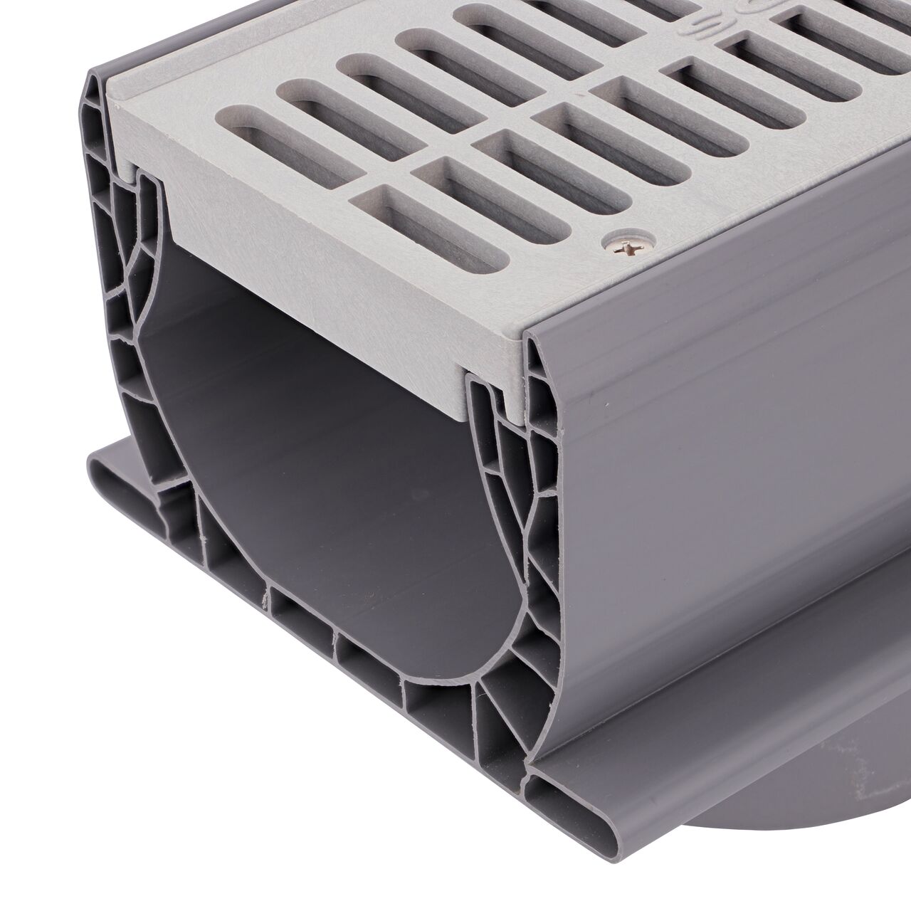 Closeup view of one end of the Spee-D® Channel Drain Bottom Outlet Assembly (NDS 2351*, NDS 2351)