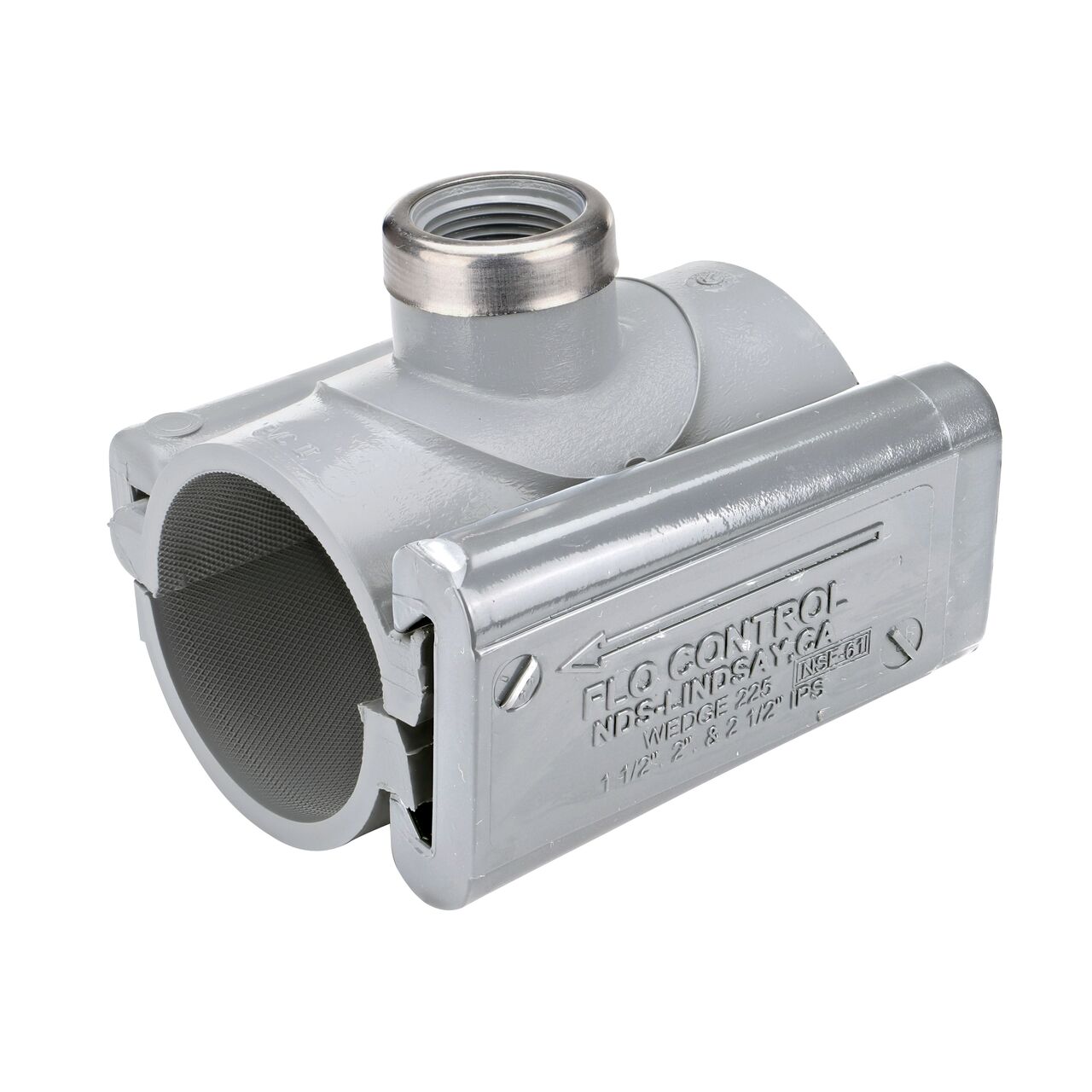 The NDS Clamp-It™ Rigid PVC Saddle with 3/4 in. FPT connection on top (NDS 422007) for 2 in. PVC pipe has a patented wedge design to install a sprinkler irrigation system to existing pipe without any bolts