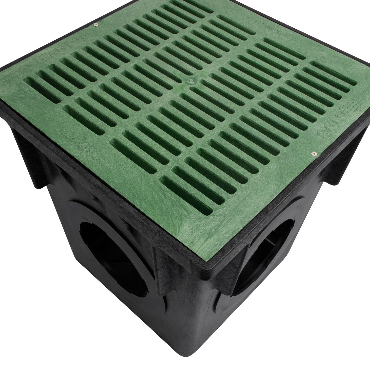Closeup view of the 18 in. Square Catch Basin Drain with 4 Openings (NDS 1884) with a 18 in. Square Green Catch Basin Grate (NDS 1812) installed