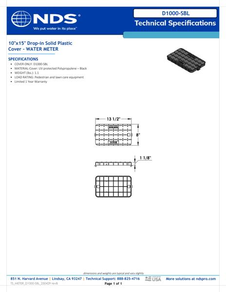NDS 10 in. X 15 in. Rectangular D1000 Meter Box Drop-in Cover, 10 in. Height, Black Box, Black Water Meter Cover Tech Spec